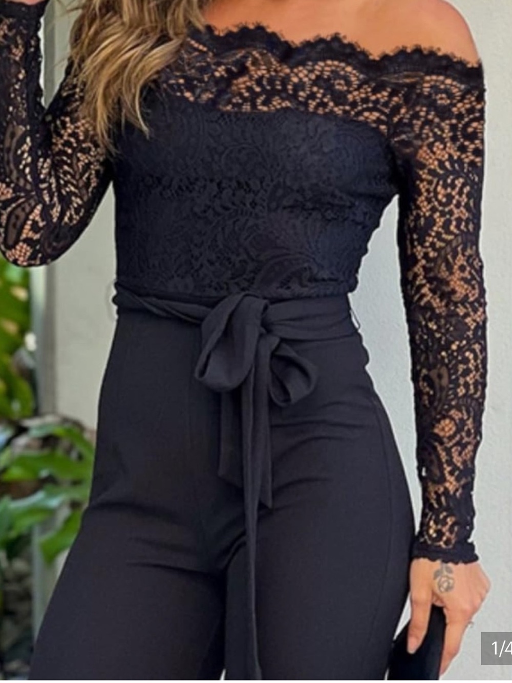 Made in Italy “ Bellisima” Black Lace Off-Shoulder Jumpsuit, Curve Appealing!